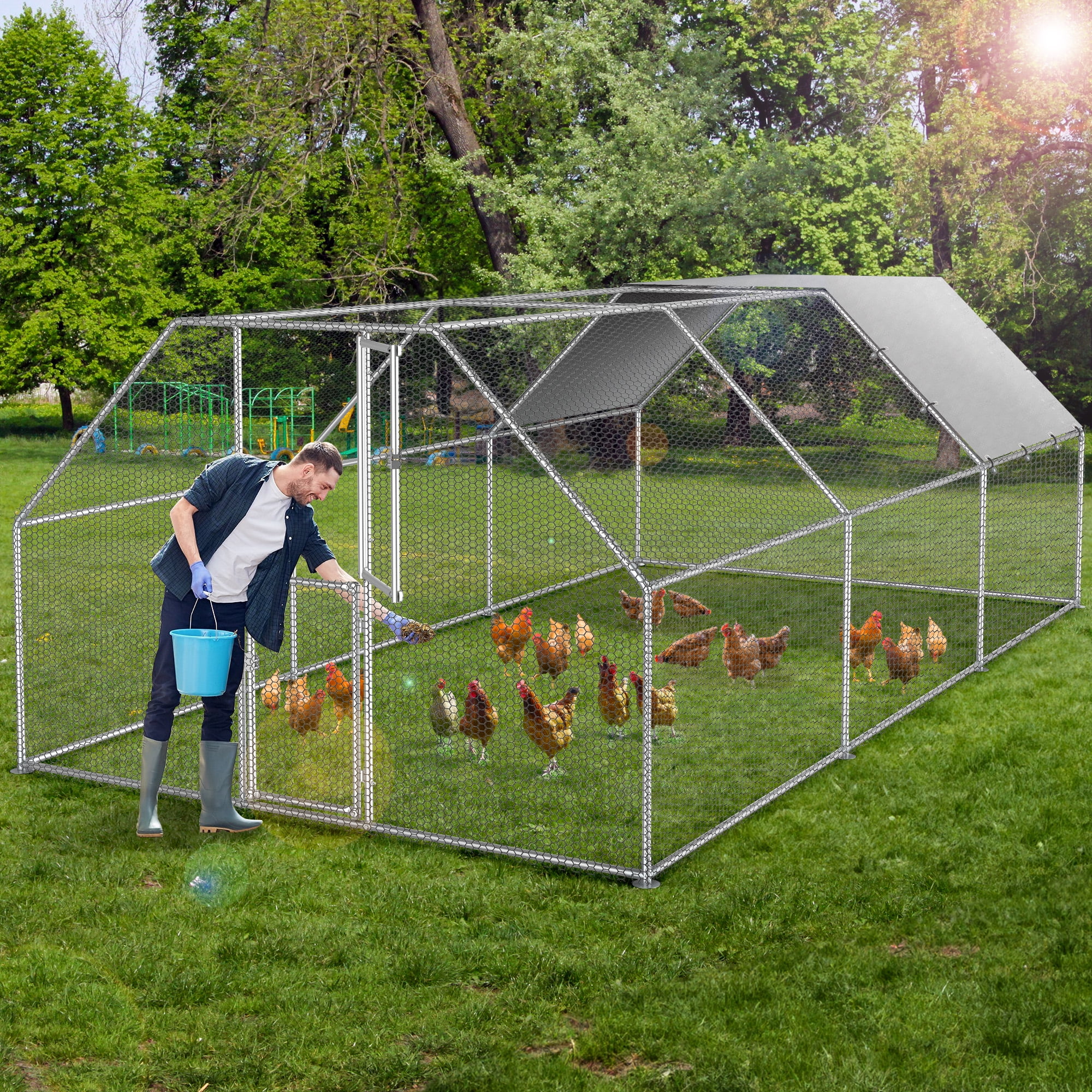 Uforic Chicken Run Coop 19.1 x 9.8 x 6.4 ft Large Metal Chicken Coop, Walk-in Hen Cage, Outdoor Poultry Cage with Waterproof Cover and Wire Mesh for Backyard,Yard Outdoor