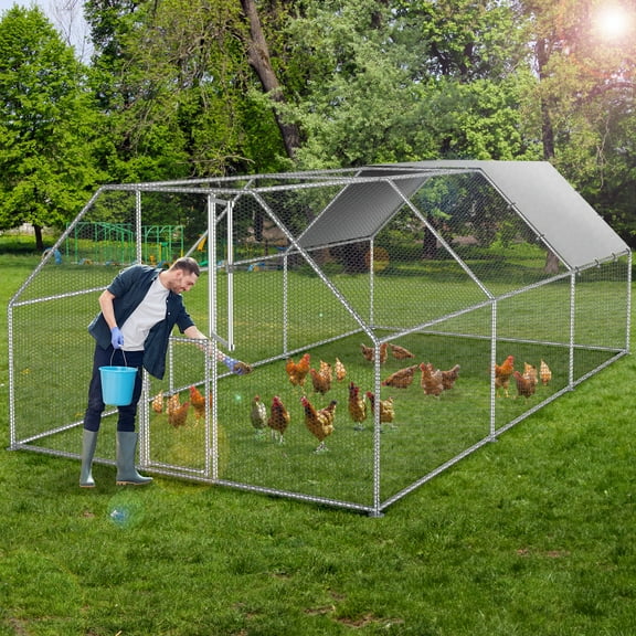 Dextrus Extra Large Metal Chicken Coop Hen Run House Flat Shape Chicken Cage, Walk-in Poultry Cage Hen Run House Rabbits Habitat Cage Spire Shaped Coops - 19.7 x 9.8 x 6.4 ft