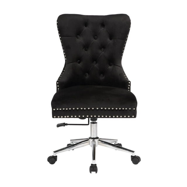 Black velvet executive office chair featuring a tufted backrest, silver stud accents, adjustable height lever, and chrome swivel base with caster wheels.