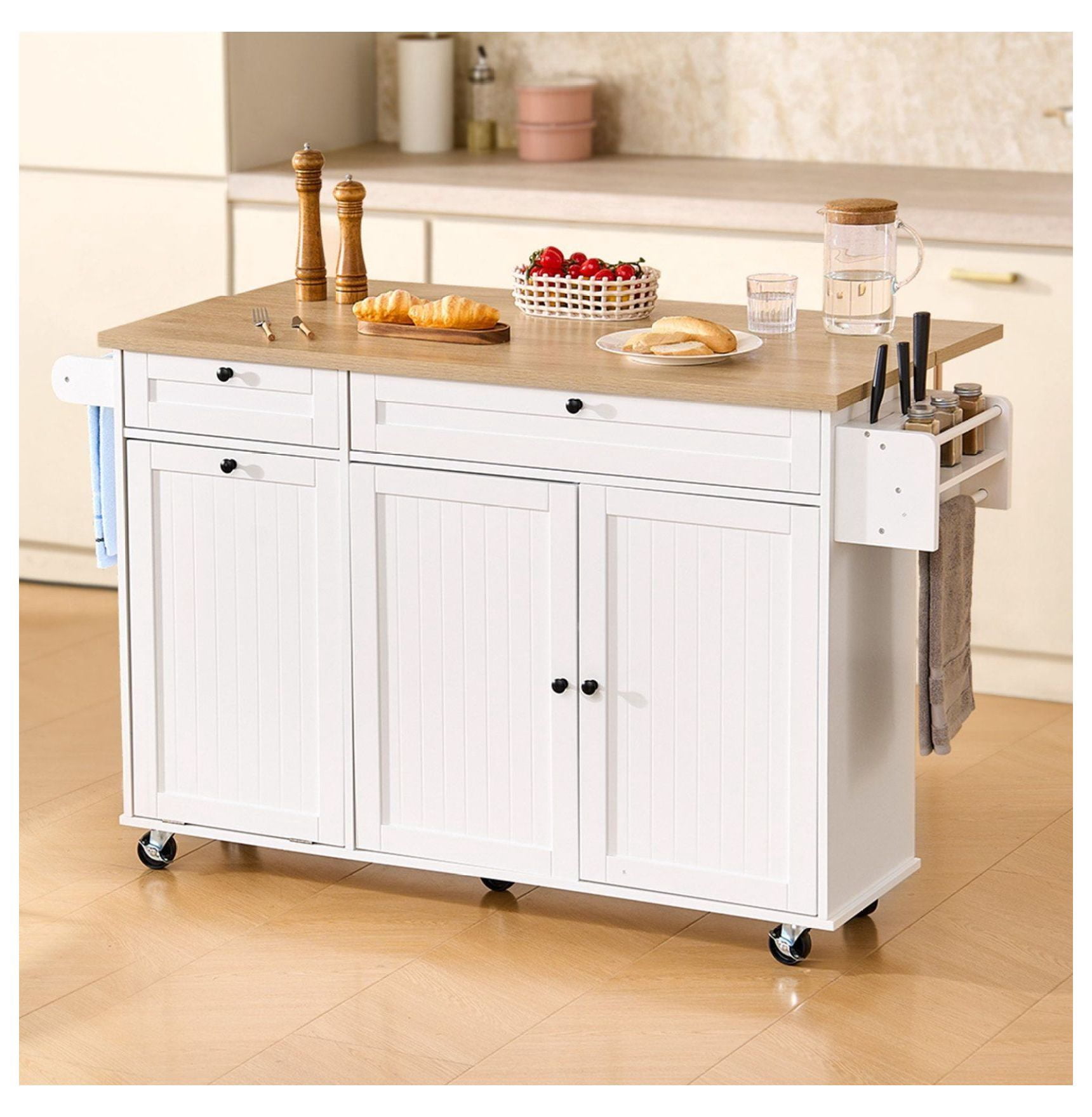 60in Kitchen Island Cart with Drop Leaf, Rolling Storage Cabinet Table with Drawer - Ample Storage & Lockable Wheels - Kitchen, Dining, Coffee Station