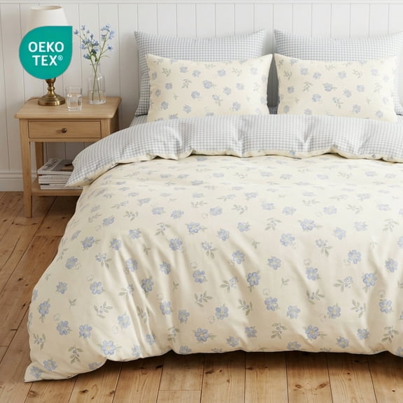 JOLUSERE 3 Pieces Blue White Floral Reversible Gingham Pattern Comforter Queen Set, Soft Floral Bedding Set for Adults