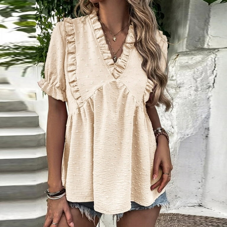 Women s Top Womens V Neck Short Sleeve Top Summer Casual Flowy Boho Shirt Beige S Walmart