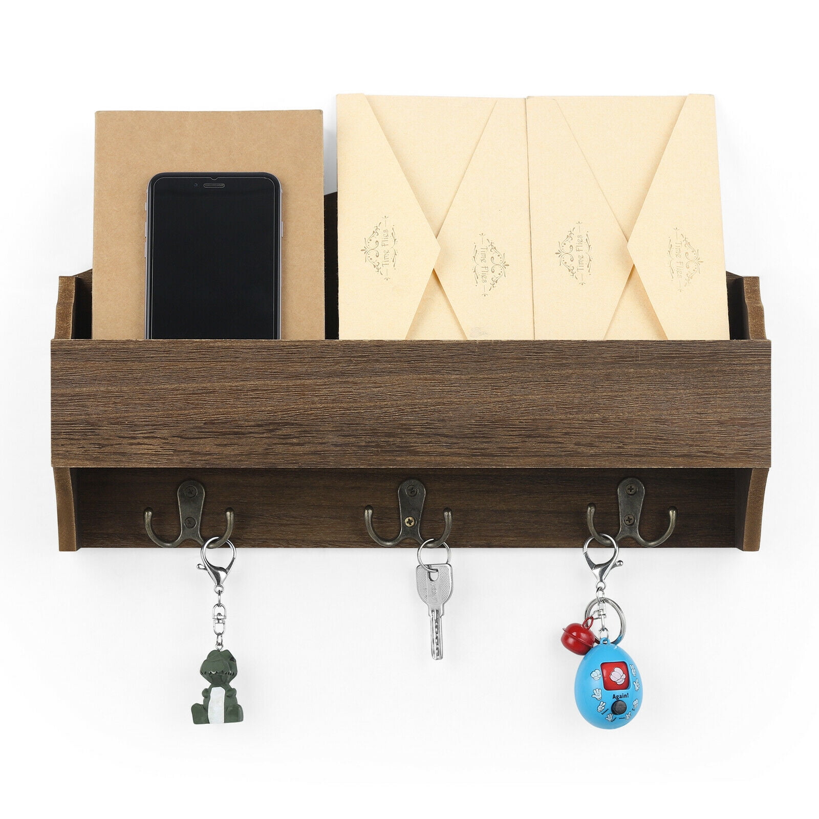 Rustic Wooden Wall Mounted Mail Sorter Wall Hanging Rack with 3 Double Key Hooks