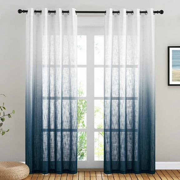 NICETOWN Linen Sheer Ombre Curtains for Bedroom, Grommet Semi Sheer Vertical Window Treatments Light Filtering with Privacy for Children Room, Navy Blue, 50"x95", Set of 2