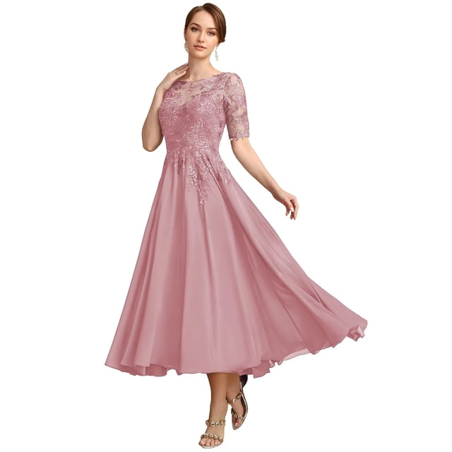 Vestido GATMAHE para madre del novio, color rosa polvoriento, largo hasta el té