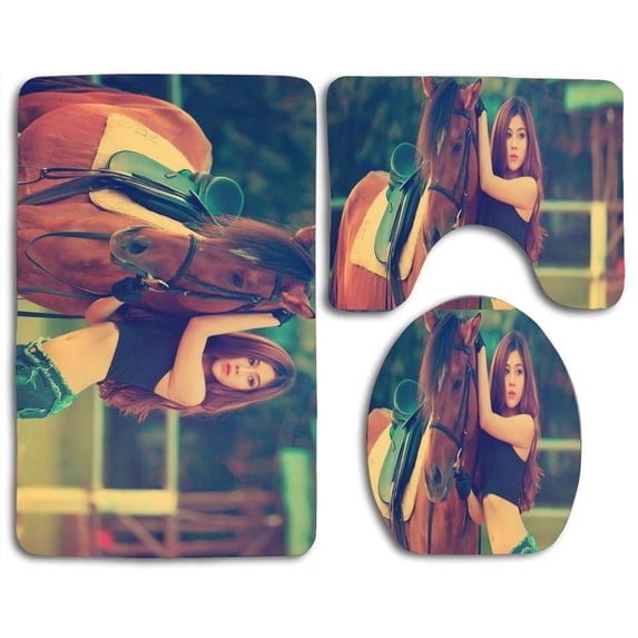 GOHAO Horse and Girl 3 Piece Bathroom Rugs Set Bath Rug Contour Mat and Toilet Lid Cover