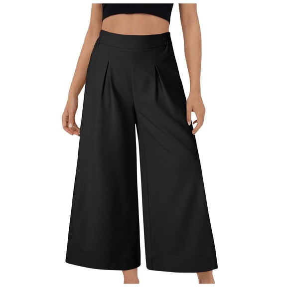 Angala Ladies Pants High Comfort Waist Solid Cropped Pants Wide Leg Loose Fit Comfortable Fashion Casual Womens Summer Trousers Size L Black