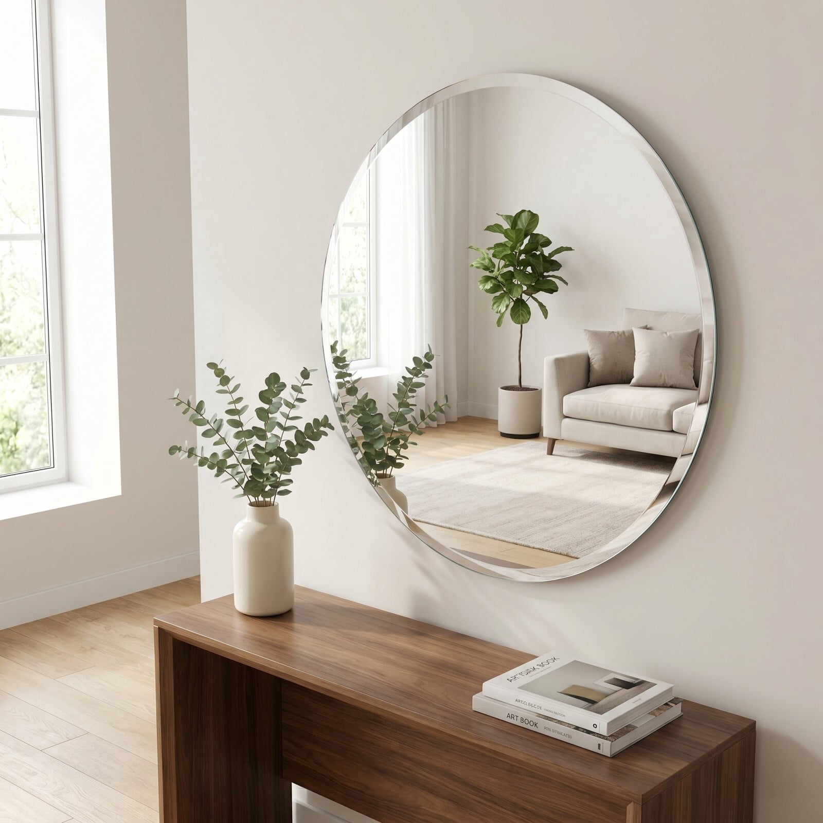 Easy4Home 18"x18" Frameless Circle Bathroom Mirror Beveled Vanity Wall Mirror