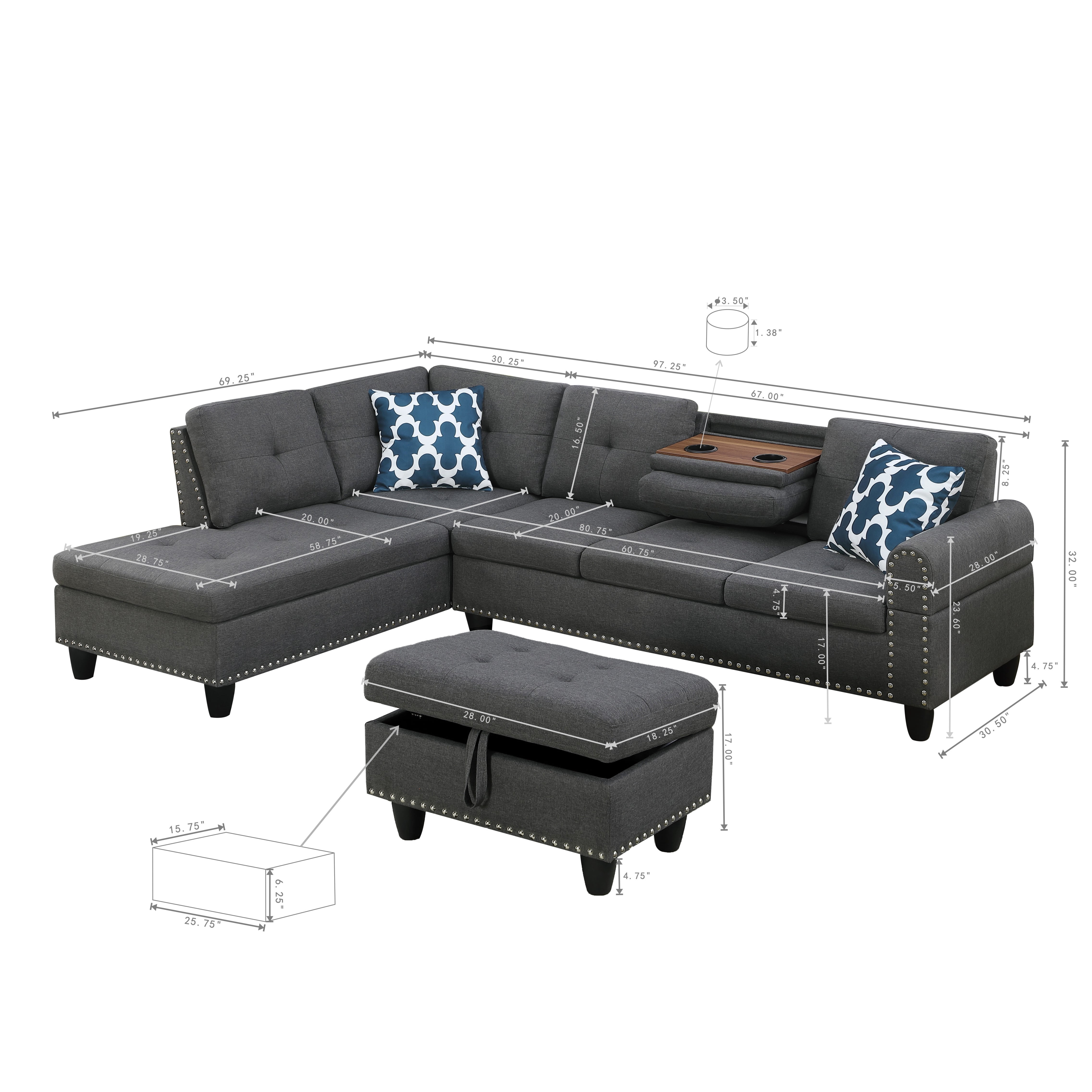 BSHTI Charcoal Gray Linen L-Shaped Sectional Sofa with Reversible Storage Chaise for Living Room, Storage Ottoman & Cup Holders, 3-Seat Contemporary Couch