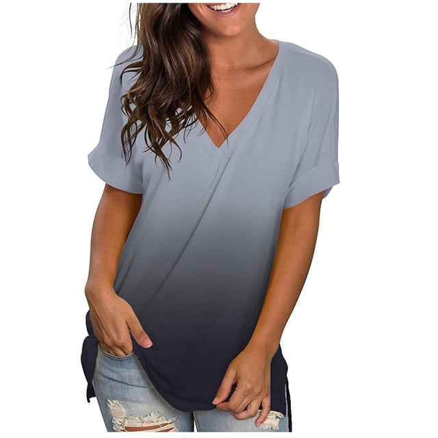 TIMIFIS Womens Tops Casual Gradient T-Shirt Comfy Loose Plus Size V-Neck Tunic Top Short Sleeve Shirts - Spring/Summer