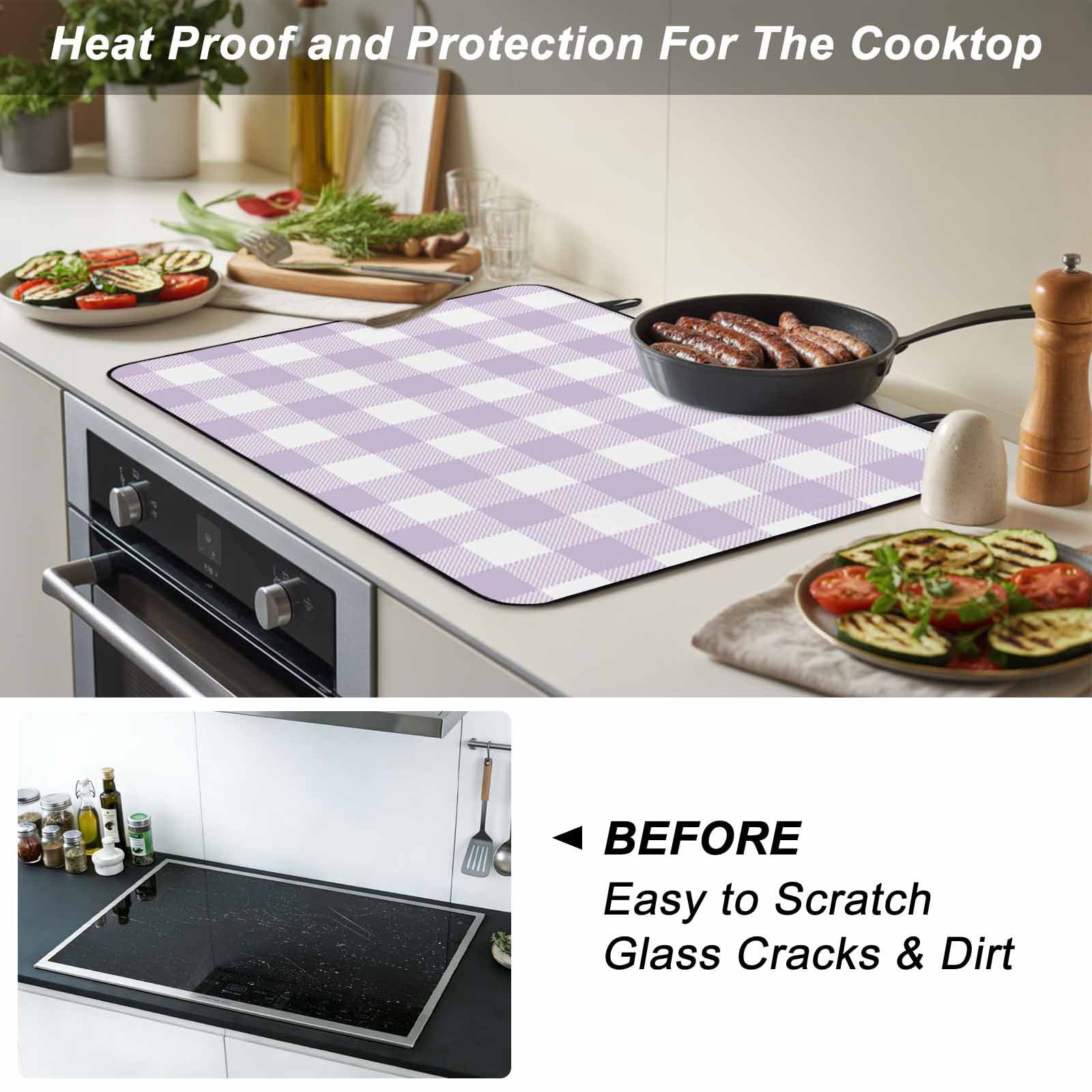 Plaid Purple Rural Style, Stove Top Cover for Electric Stove, Heat-proof & Non Slip Glass Top Stove Cover Protector, Rural Abstract Geometric Lattice Kitchen Flat Cooktop Rubber Mat 24x21 Inches