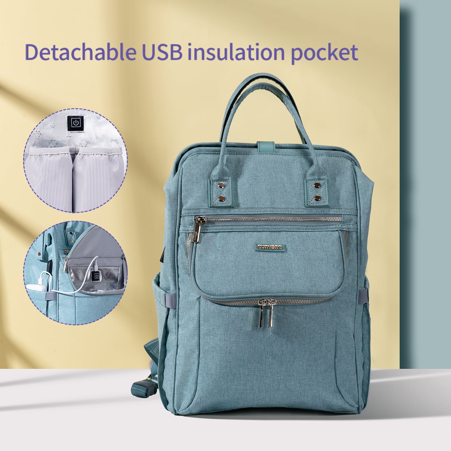 Sunveno Easy Open Diaper Bag Backpack with Insulated Pockets, Stroller Straps and Changing Pad, Green