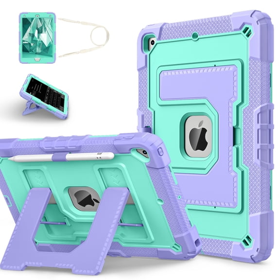 Shockproof Case For iPad 9th/8th/7th Gen 10.2"(2021/2020/2019),With Retractable Kickstand,Shoulder Strap,Built-in Pencil Holder,Heavy Duty Shockproof Rugged Protective Rugged Tablet Case,K
