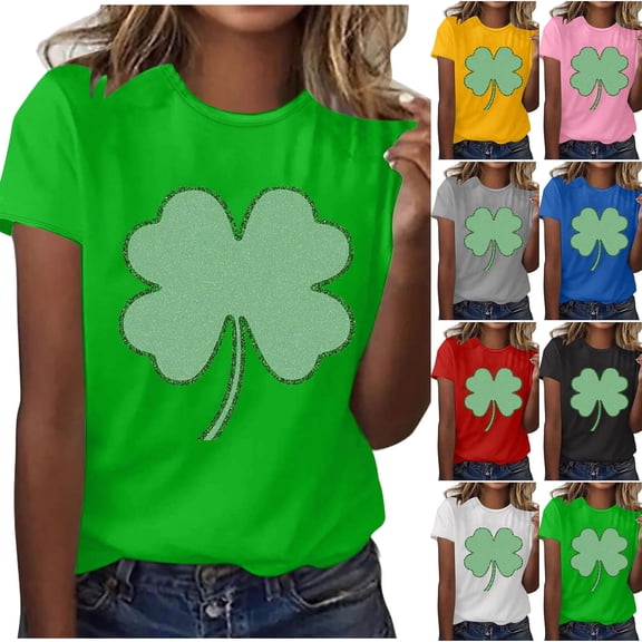 Felirenzacia Women's St. Patrick's Day Heart Shamrock Graphic T-Shirt Casual Crew Neck Short Sleeve Tee Green,L