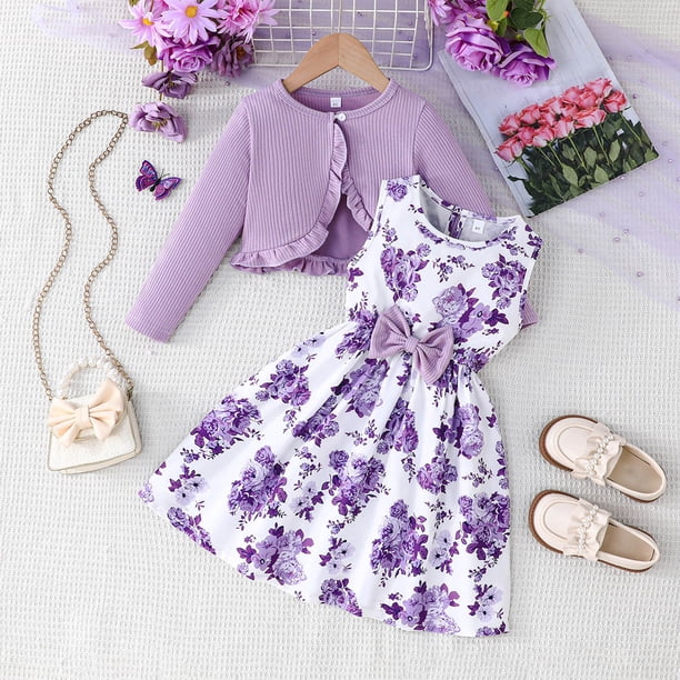Conjunto de falda y cárdigan de punto de color liso para niños, chaqueta y tirantes, vestido estampado, conjunto deportivo informal de dos piezas de poliéster para niños.
