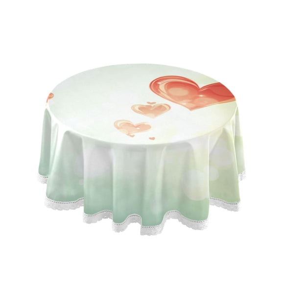 Round Single Sided Printed Tablecloth, 60 Inch Polyester Round Table Cover with White Lace Trim, Wrinkle Resistant Decorative Table Cloth for Home Green Background Red Heart