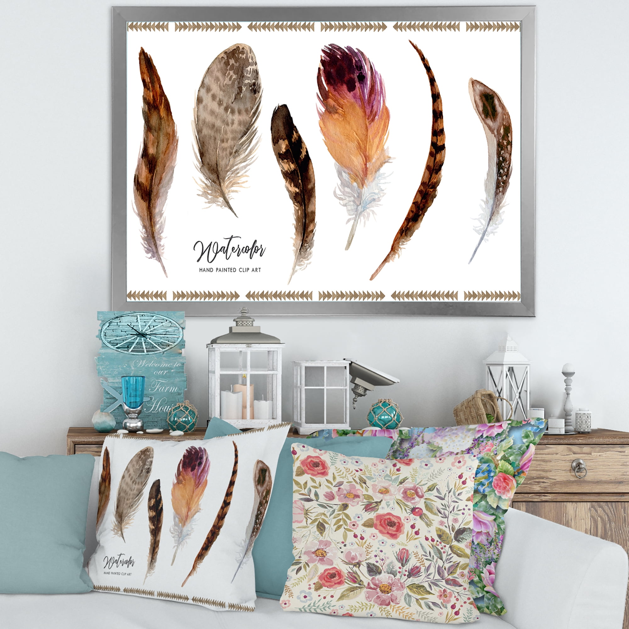 Designart 'Exotic Vibrant Boho Watercolor Feathers' Bohemian & Eclectic Framed Art Print