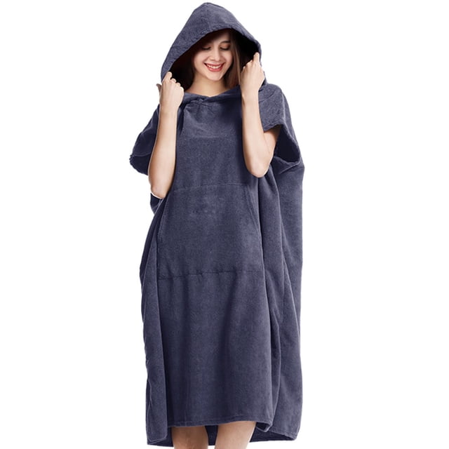 Changing Robe with Hood Quick Dry Bath Robe with Large Pocket Men Women Oversized Towelling Robe for Beach Surfing Swimming Gray