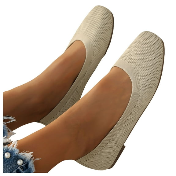 Ballet Flats Dress Shoes for Women Comfortable Knit Casual Square Toe Work Office Slip on Low Heels Loafers