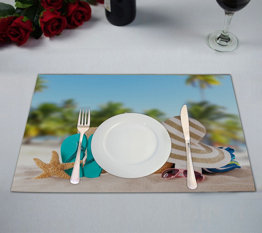 GCKG Summer Beach Placemat, Palm Trees Tropical Island Placemat 12x18 Inch,Set of 2