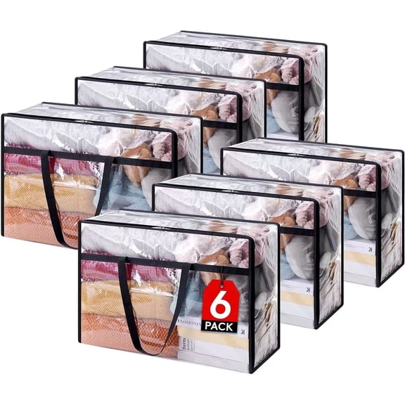 Meikd 6-Piece Set 40L Clear Vinyl Storage Bags - Wardrobe Organizers & Under-Bed Storage Boxes for Duvets, Clothing, Bedding | Reinforced Handle Zippered Moving Bags for Gifts and Toys