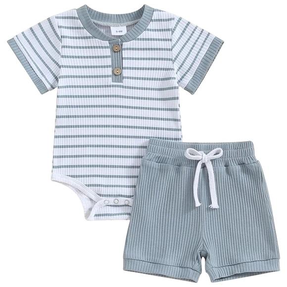 Splozh Toddler Boys Summer Clothes Baby Boy Summer Clothes Button Short Sleeve Romper Bodysuit Shorts Set Toddler Soft Outfit Blue,0-3 Months