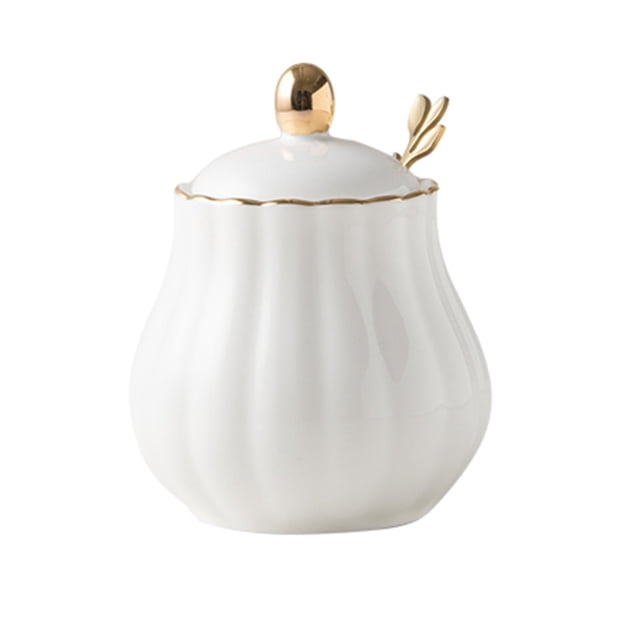 Bol à Sucre avec Couvercle et Cuillère, Pot de Rangement pour Sucre, Casserole à Sucre, Contenant à Sucre Pot à Épices, Pot à Sucre et Sel Bocal d'Assaisonnement -Blanc-300 ml