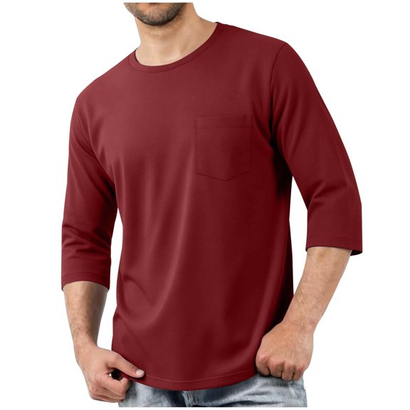 hoksml Men's Solid Crew Neck 3/4 Sleeve T-Shirt Chest Pocket Soft Stretch Casual Everyday Top Comfort