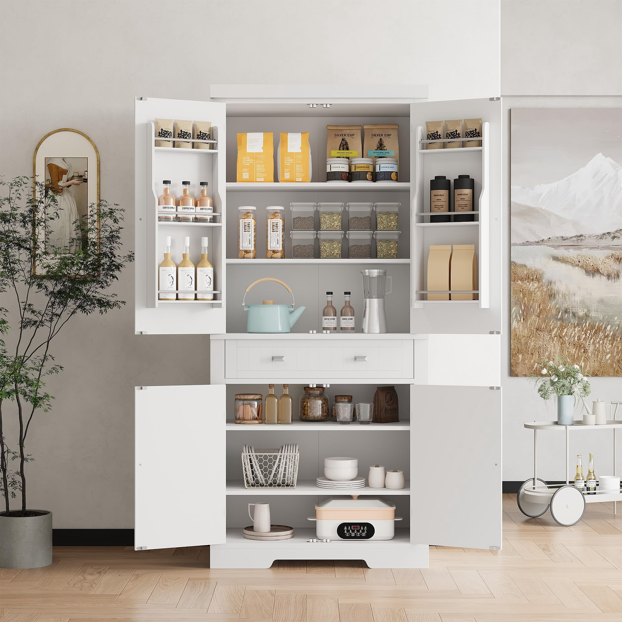 Yeshouse 71.7 Inch Kitchen Pantry Cabinet,Freestanding High Cupboard Bathroom Storage Cabinet with 2 Drawer & Cabinets, 3 Adjustable Shelves, 6 Door Shelves,for Living Room, Kitchen