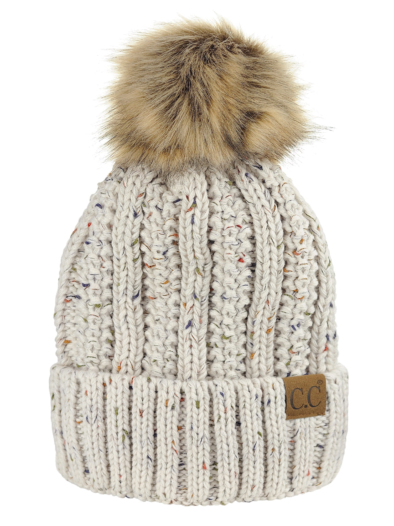 C.C Thick Cable Knit Faux Fuzzy Fur Pom 