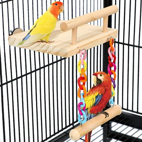 Holzlrgus Bird Perches Cage Toys - Wooden Platform Play Gyms Exercise Stands with Acrylic Wood Swing Ferris Wheel Chewing for Small Animals
