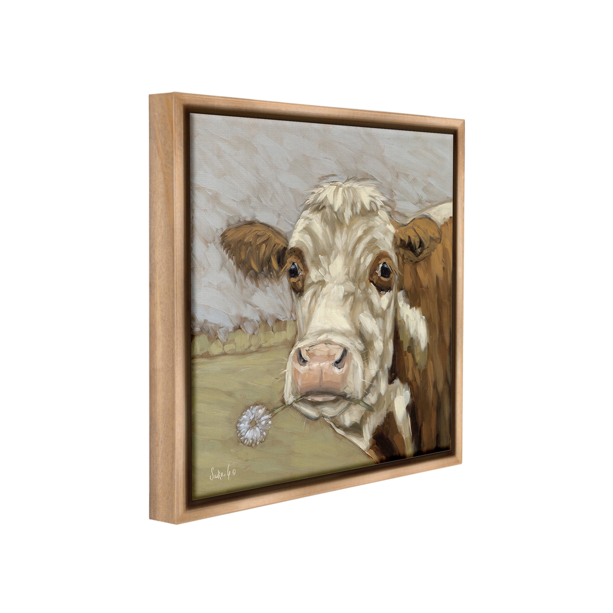 Stupell Industries Cattle with Dandelion Sprig Animals & Insects Painting Brown Floater Framed Canvas Art Print Wall Art, 18 x 18