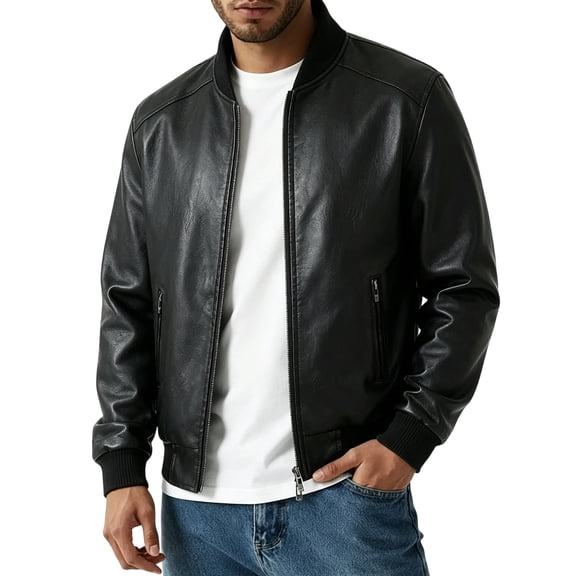 Miqool Faux Leather Biker Jacket for Men Zip Up Stand Collar Long Sleeve Vintage Motorcycle Coat with Pockets