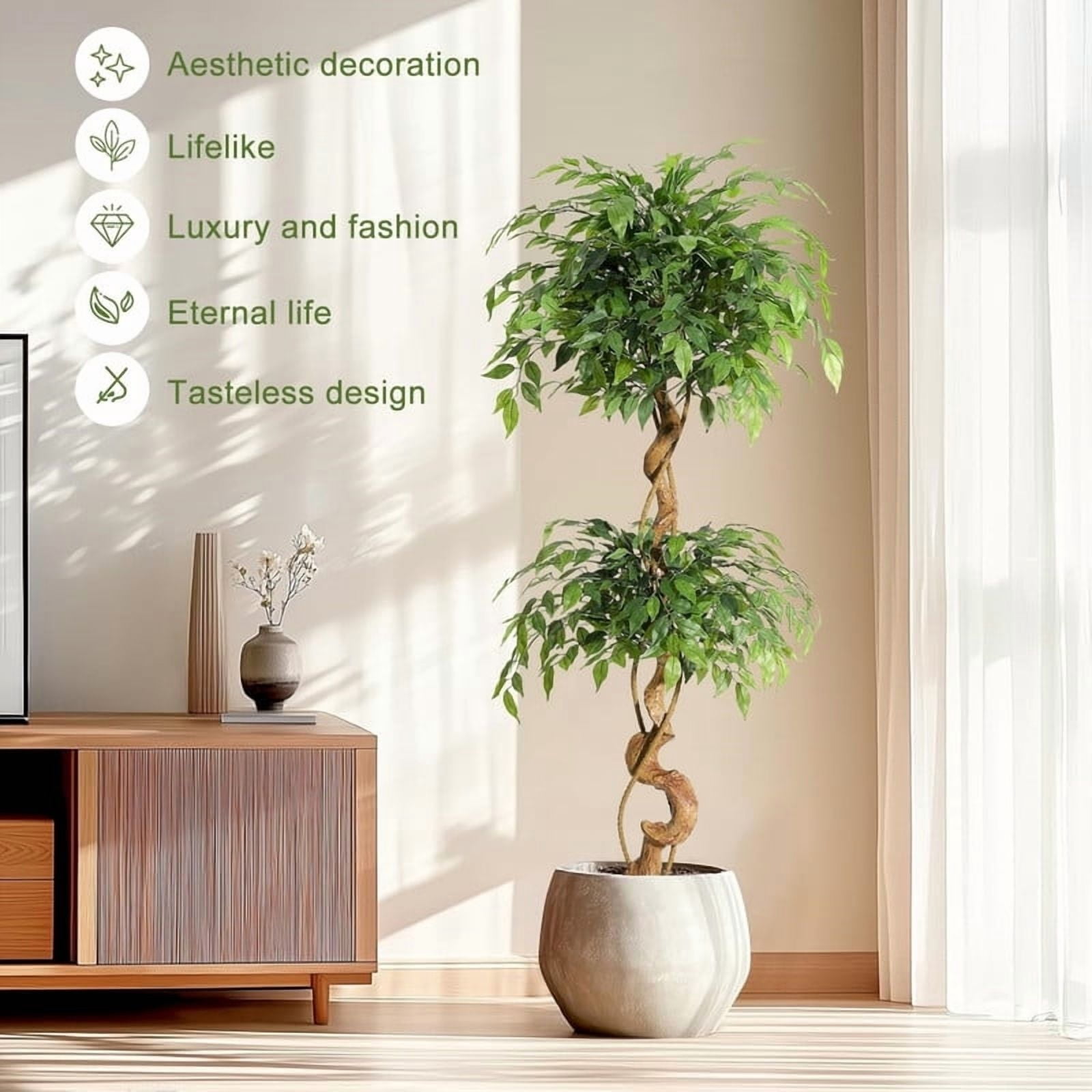 5 Ft Ficus Artificial Tree with Curved Trunk, Faux Plant Fake Silk Trees with White Pot for Home Office Decor Indoor Outdoor
