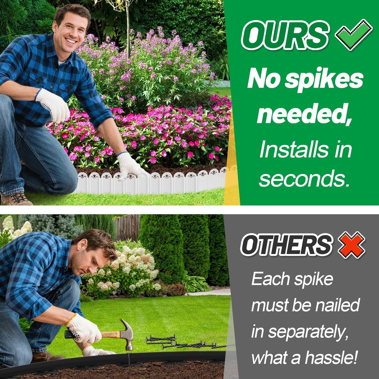 Garden Edging Border & Fences - 15ft Total Length No Need Digging Lawn Fence Border for Dividing Yard Flower Bed Areas, Included 25pcs 8.3" L x 5.9" H White Panels