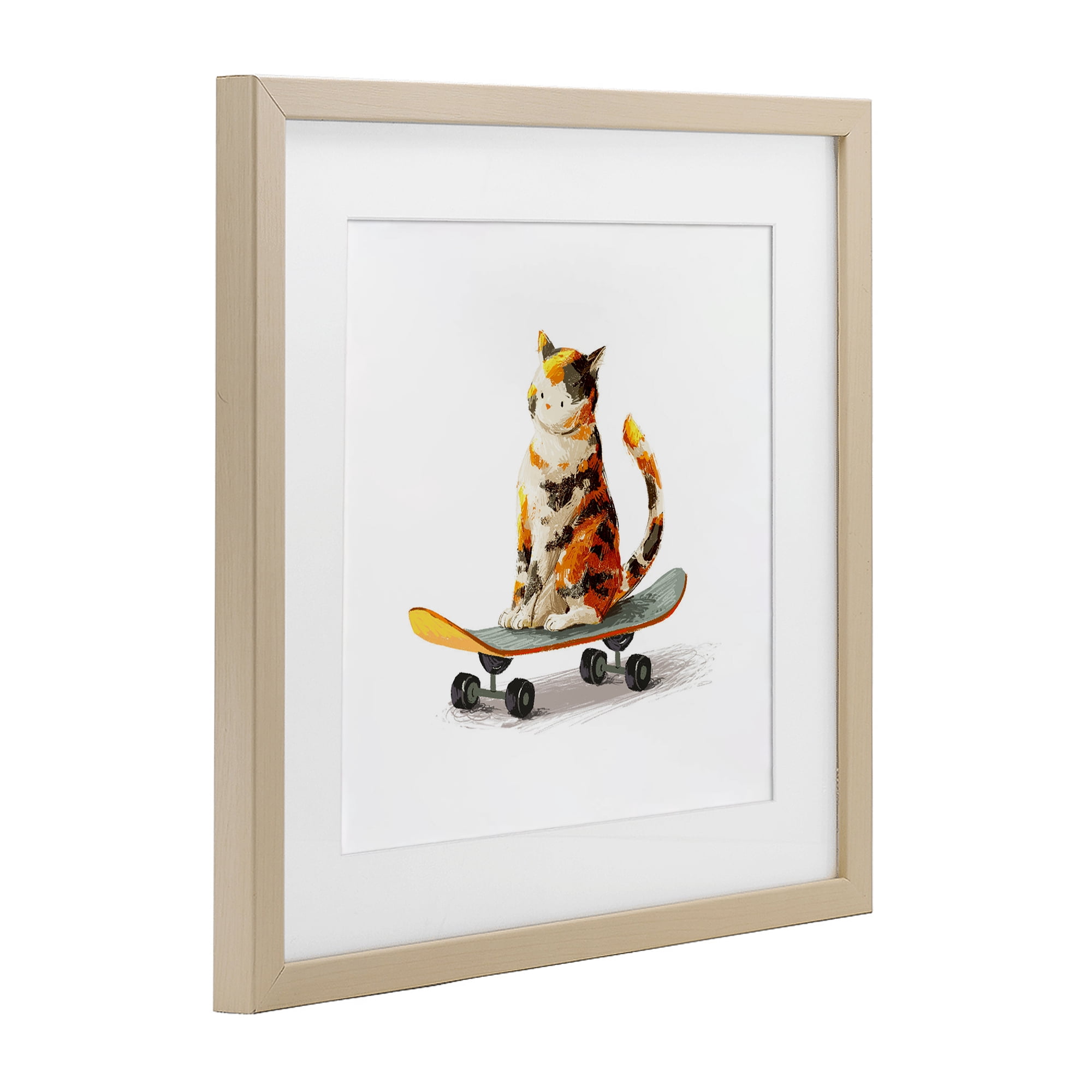 Stupell Industries Calico Cat on Skateboard Birch Framed Print Under Glass, design by Ziwei Li