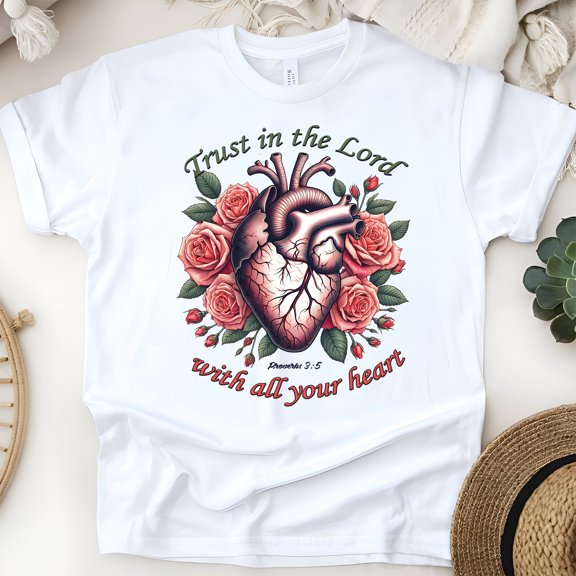 Christian Heart Graphic T-Shirt Trust in the Lord Proverbs 3:5, White, Size S
