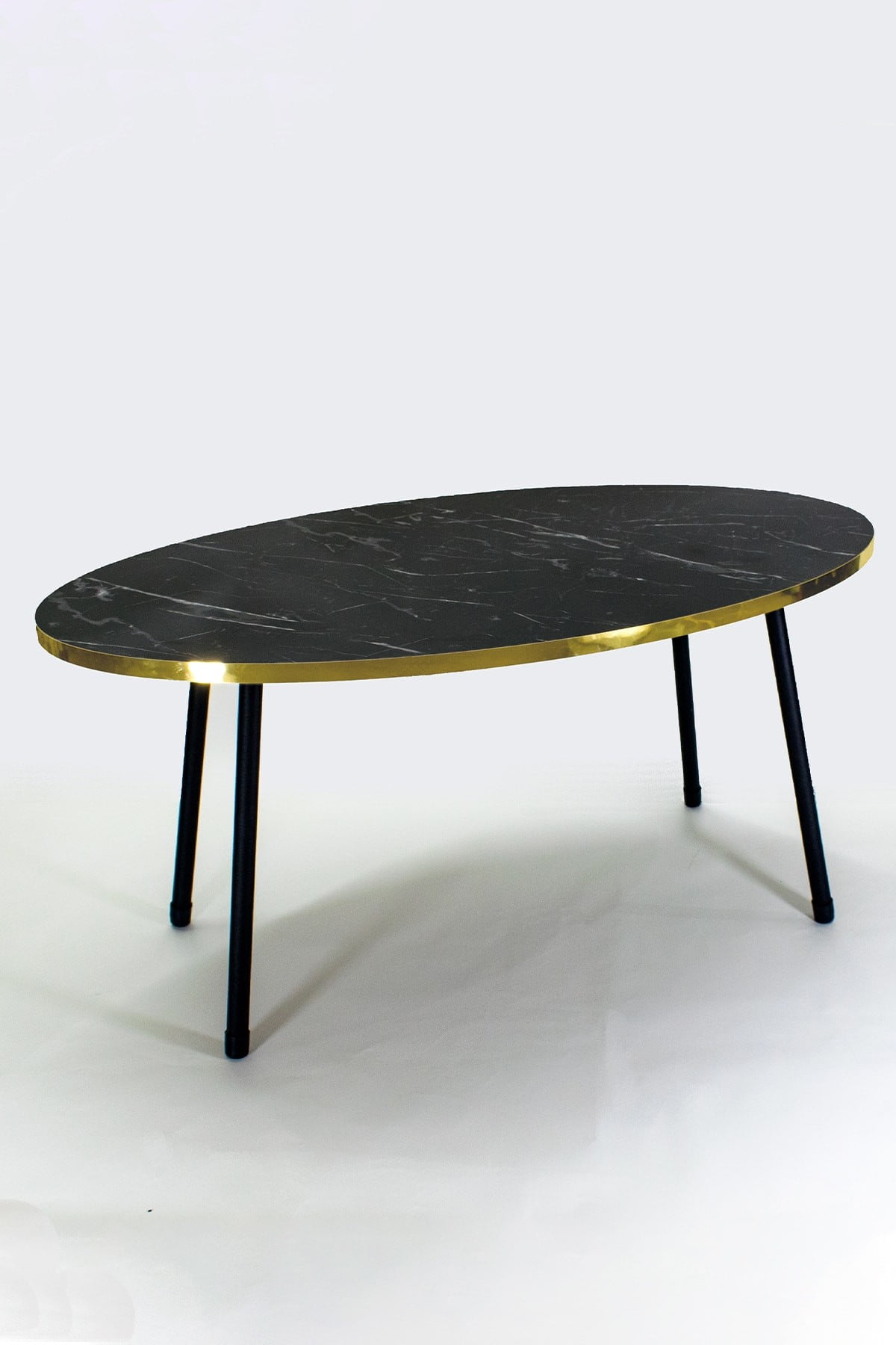 Black Marble Print Oval Coffee Table with Black Metal Legs,Faux Marble