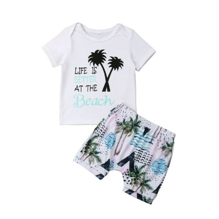 Baby Boy Pajamas Letter T-Shirt Coconut Tree Shorts Pant Summer Beach Clothes Outfit