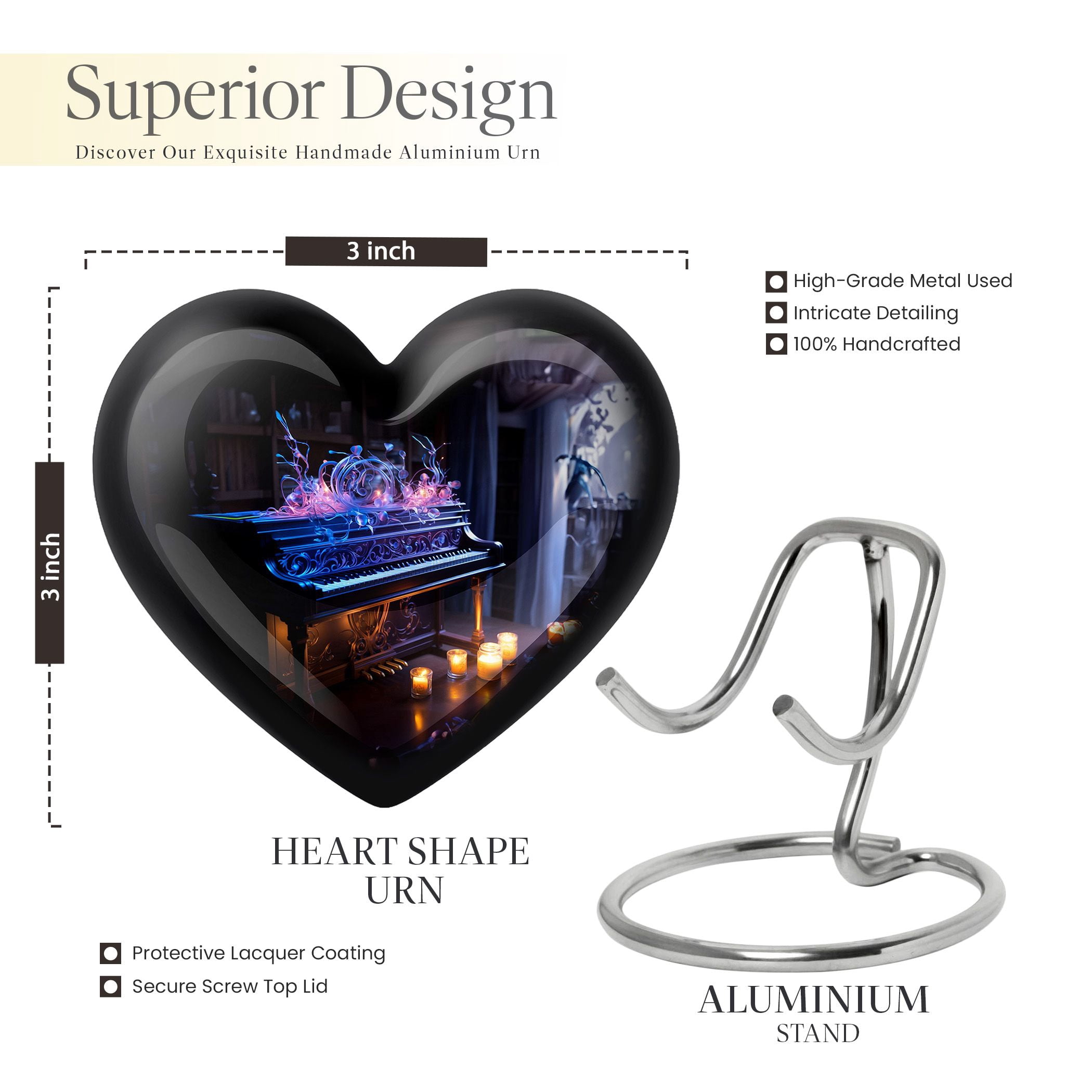 Musical Instrument Heart Urn, Heart Urns for Ashes, Keepsake Urns for Human Ashes, Cremation Urn for Human Ashes, Small Urns for Human Ashes, Urn for Ashes, 3-Inch, Set of 1 for Loved Ones