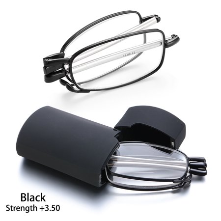 Strength+1.0-4.0 Men and Women Rotation Alloy Frame Includes Glasses Case Telescopic Legs Folding Reading Glasses Presbyopia Eyeglasses BLACK (STRENGTH 3.50)