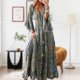 thumbnail image 5 of Vestido De Mujer Bohemio vestido largo botón dama Maxi vestido estampado manga acampanada traje de playa Cgtredaw Verde M para Mujer, 5 of 6