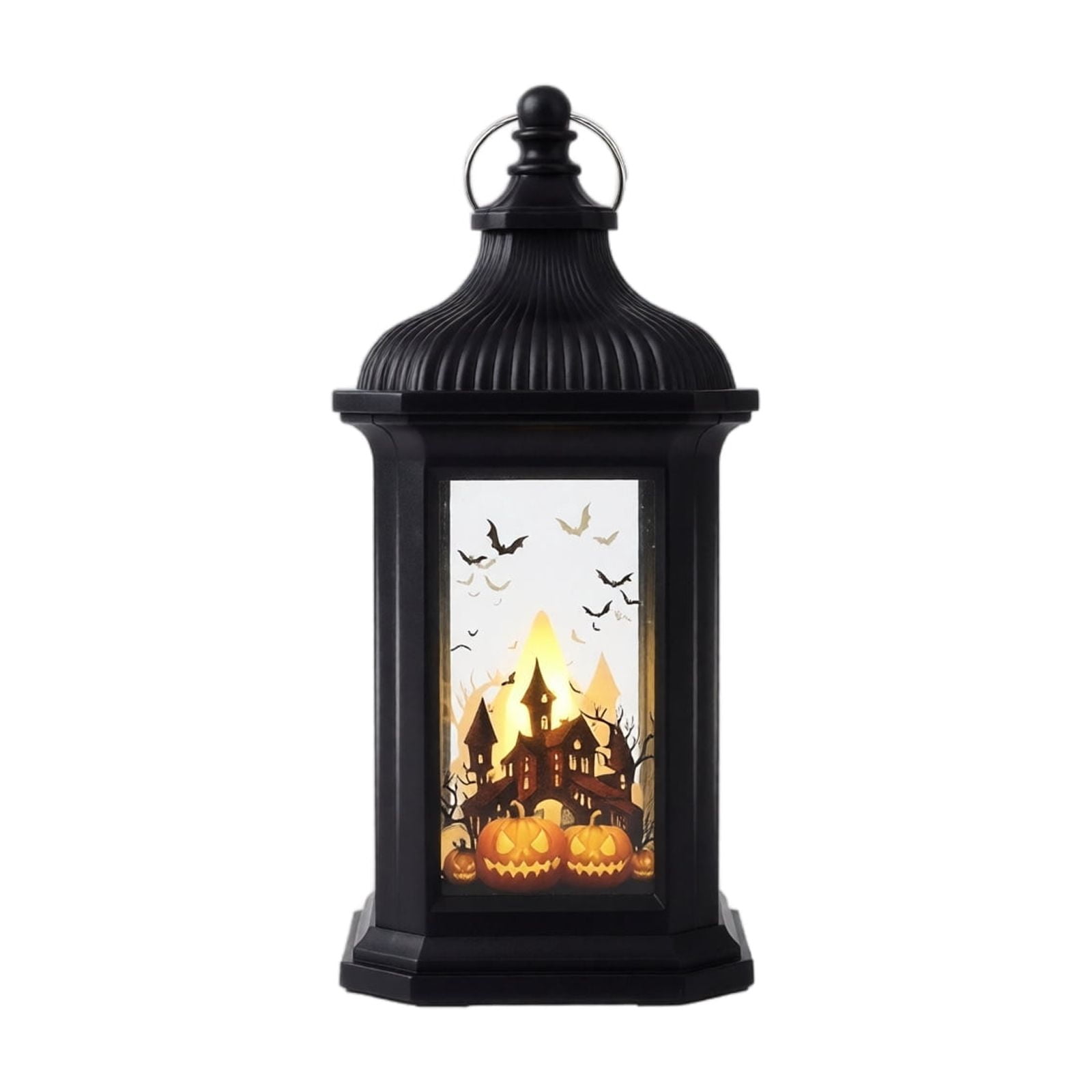 Halloween LED Hanging Lantern Battery Operated Halloween Lantern with Glowing Haunted House Design 1 Piece Black for Indoor Party Decoration