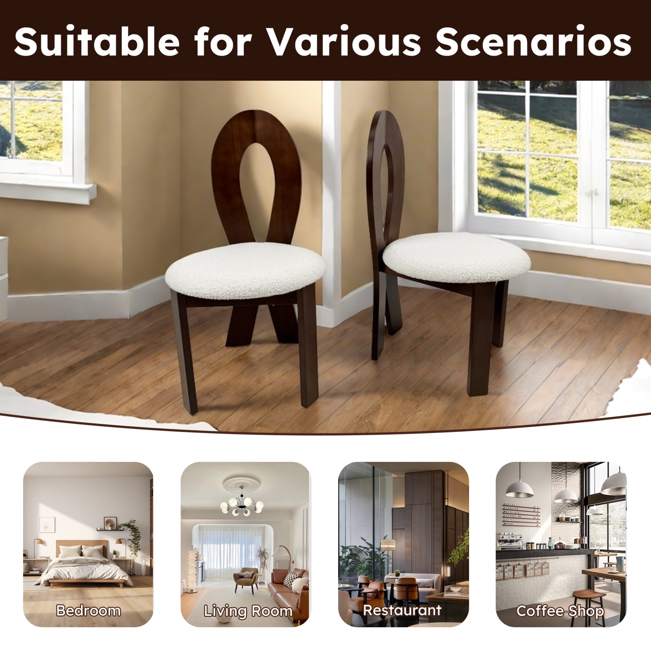 Noble House Set of 2 Dining Chairs with Ribbon-Cross Backrest, White Teddy Velvet Upholstered Cushions, Brown