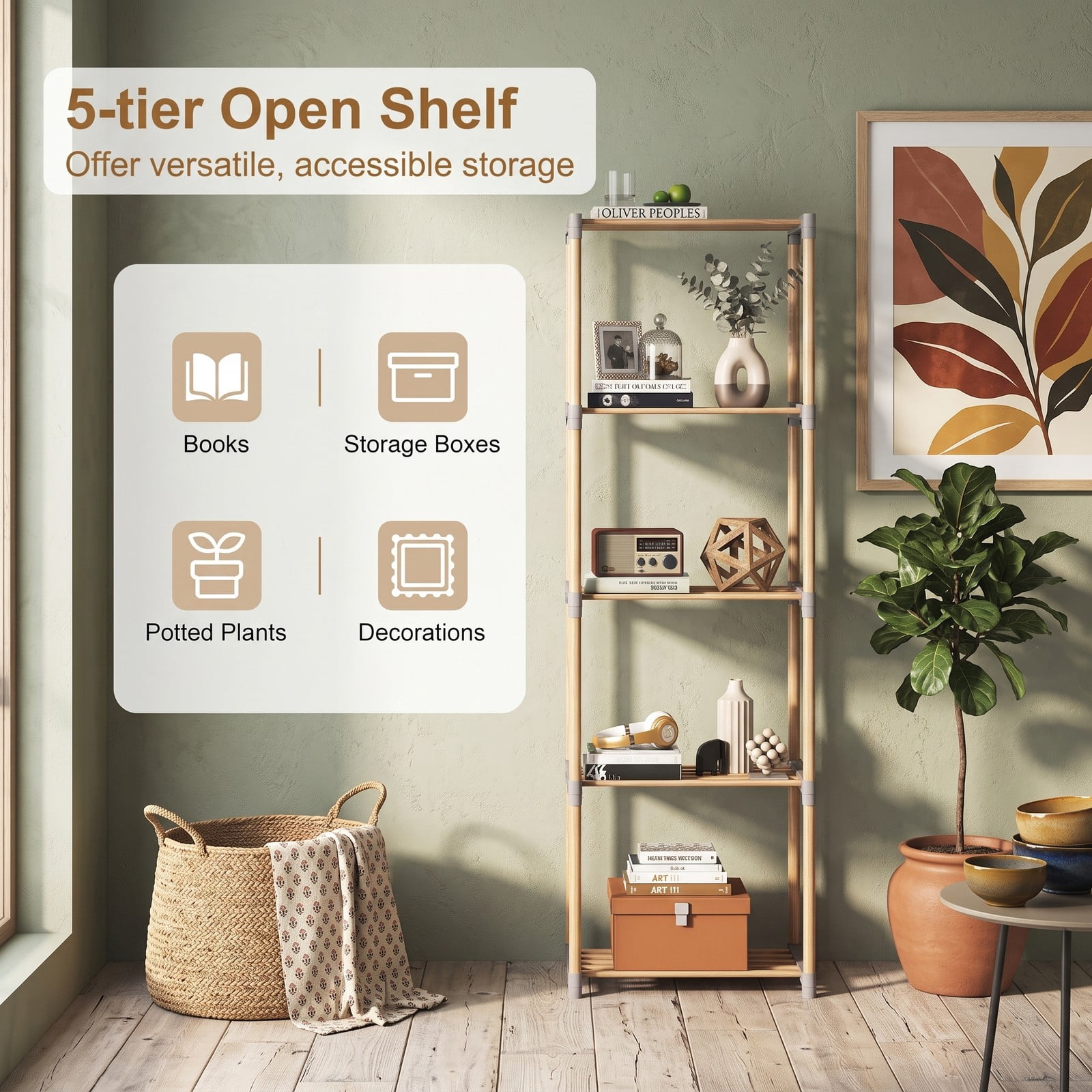 Furnibear 5-Tier Bookshelf Open Wood Bookcase Tall Storage Shelf Organizer for Home Office Living Room Bathroom, Natural and Gray