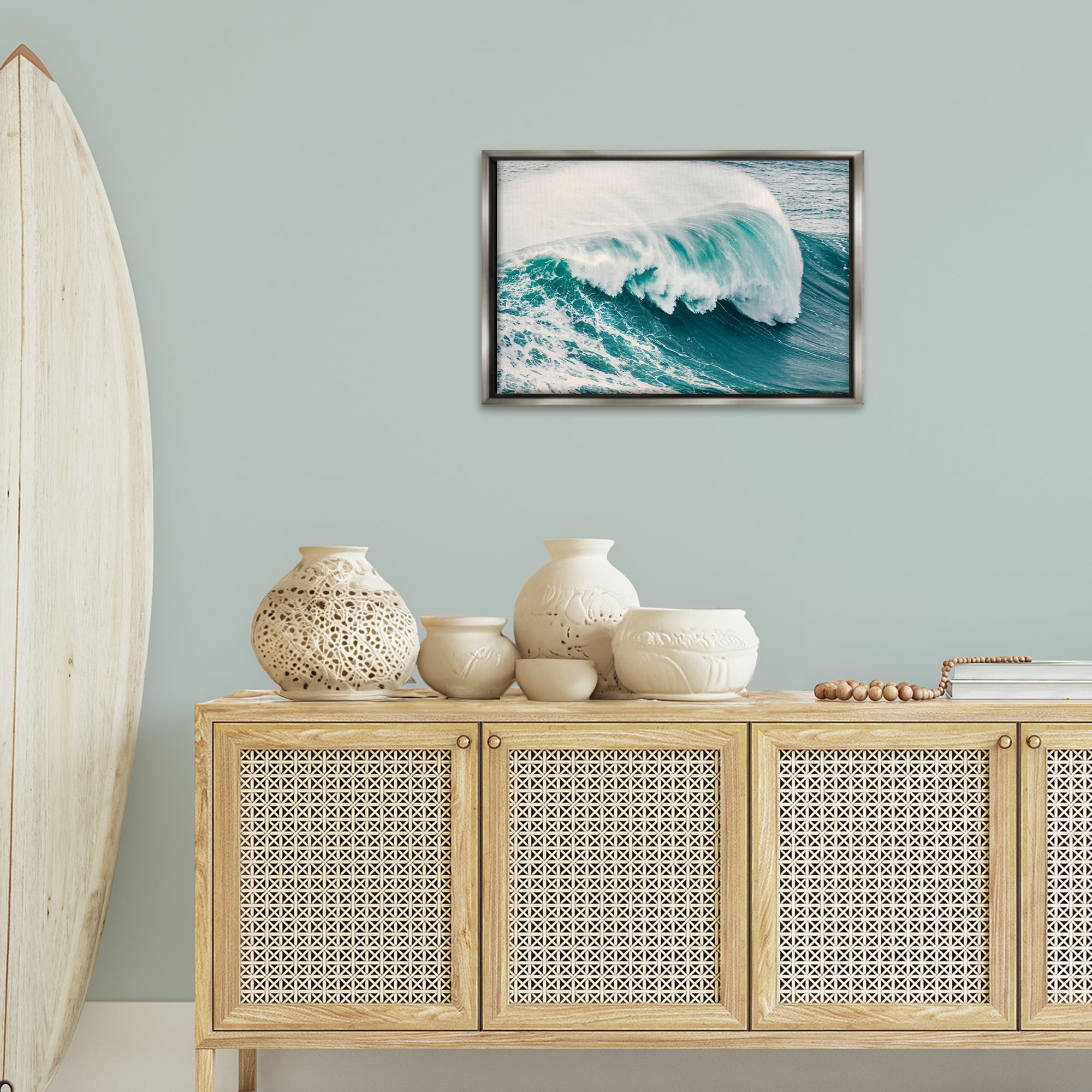 Stupell Industries Large Breaking Wave Nautical & Beach Photography Gray Floater Framed Canvas Art Print Wall Art, 25 x 17