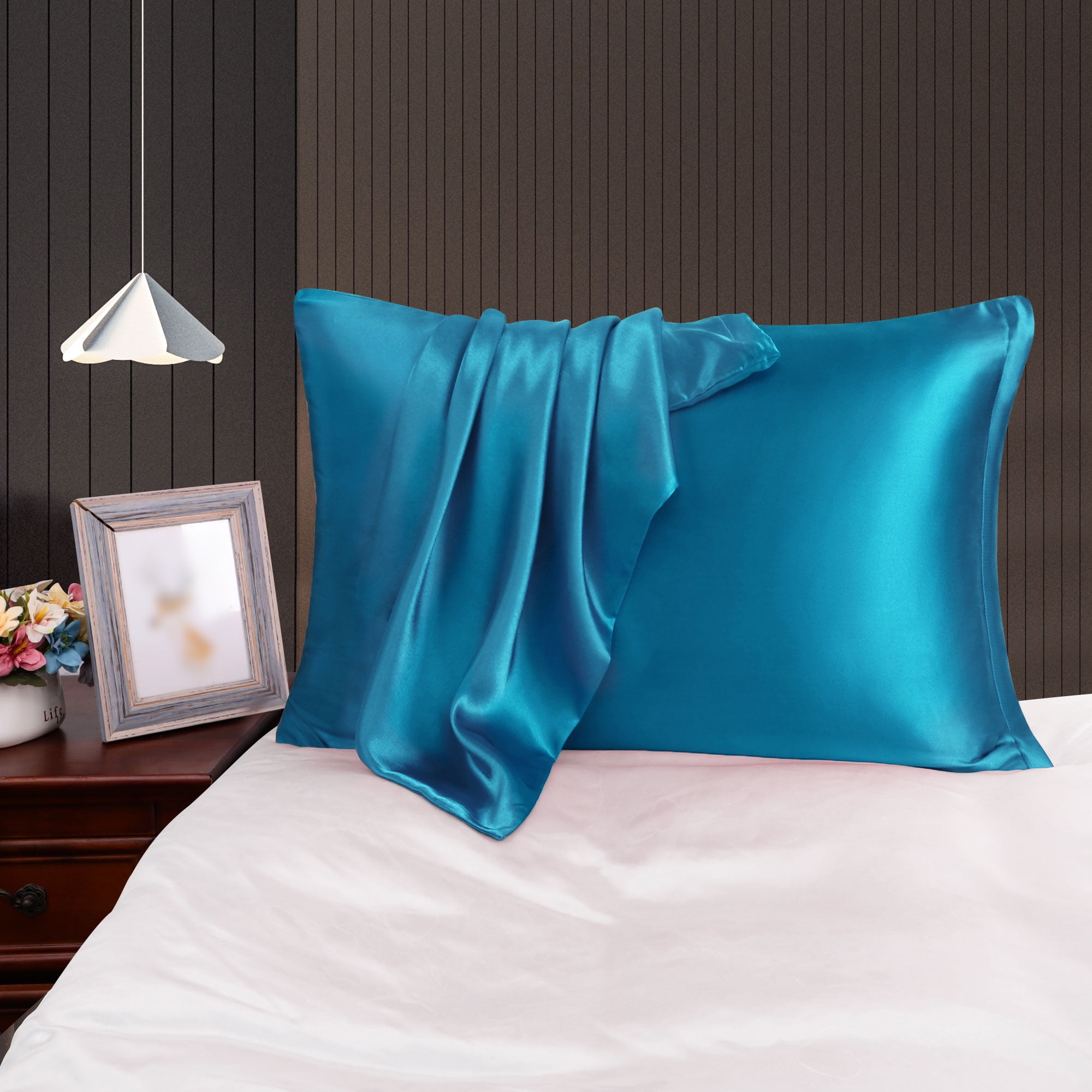 PiccoCasa Satin Pillowcases for Skin Set of 2, Zipper Closure Peacock Blue Queen