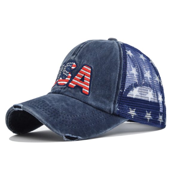 Mesh Baseball Cap For Women Men Usa Flag Peaked Embroidered Breathable Washed Distressed Cap Daily Casual Visors Summer Sun Hat Classic Star-Shaped Hat Adjustable 1Pc Adult Hat