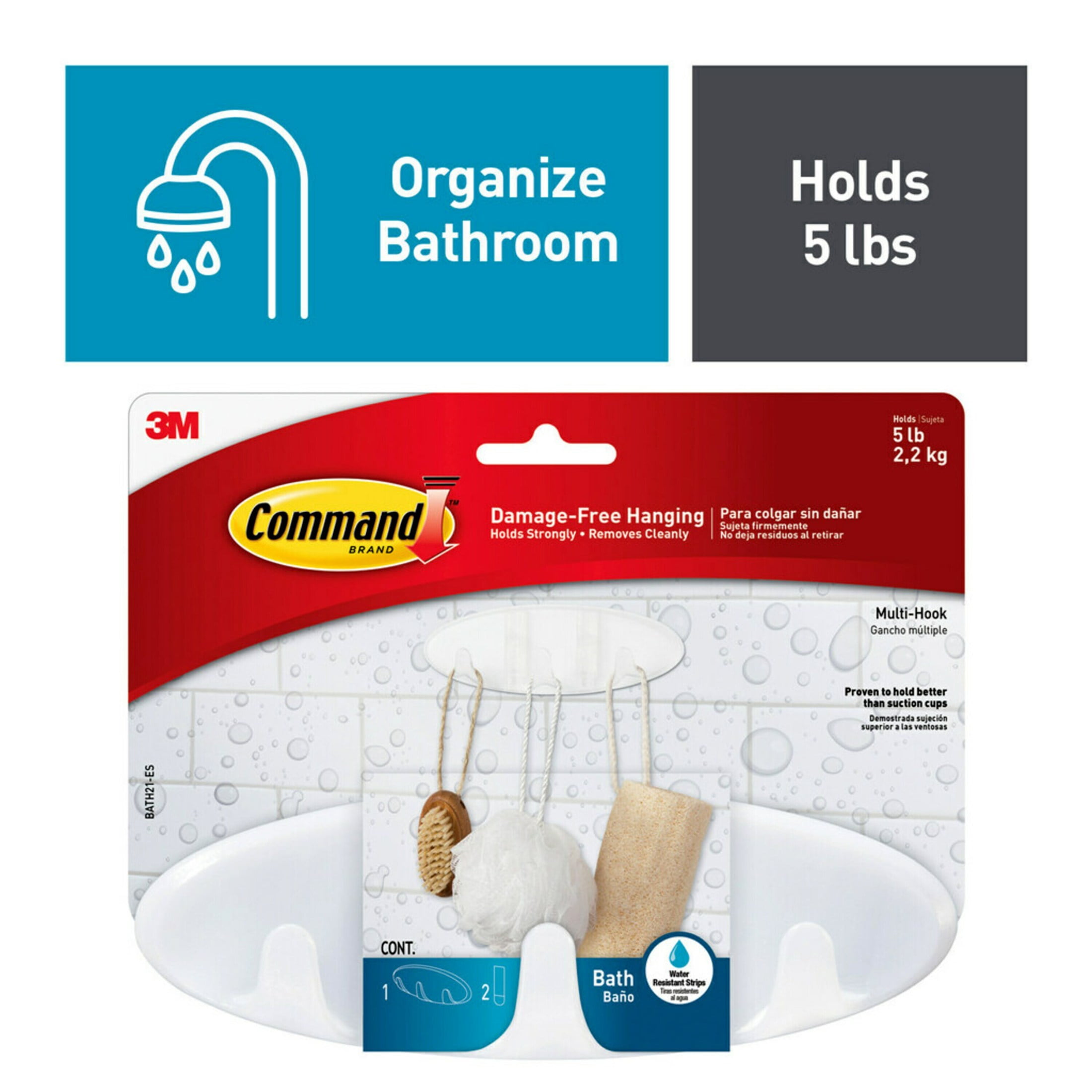 (3 pack) Command Bath Multi-Hook, 1 Wall Multi-hook, 2 Large Water Resistant Strips, Bathroom Organization