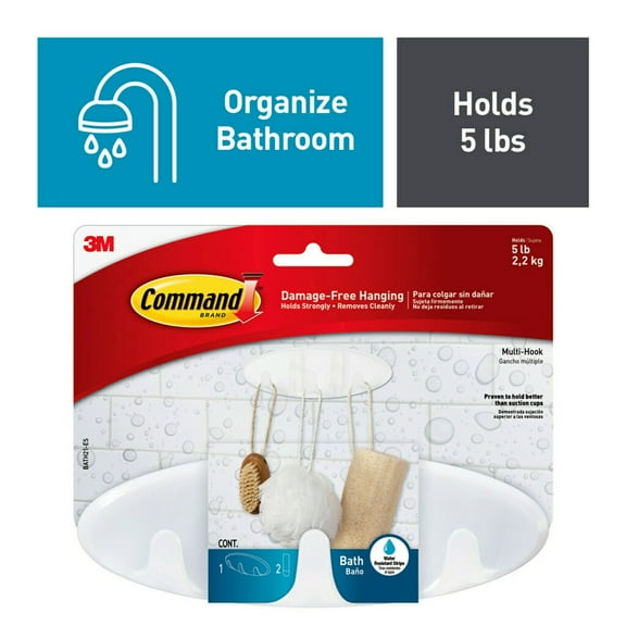 Command Bath Multi-Hook, 1 Wall Multi-hook, 2 Large Water Resistant Strips, Bathroom Organization